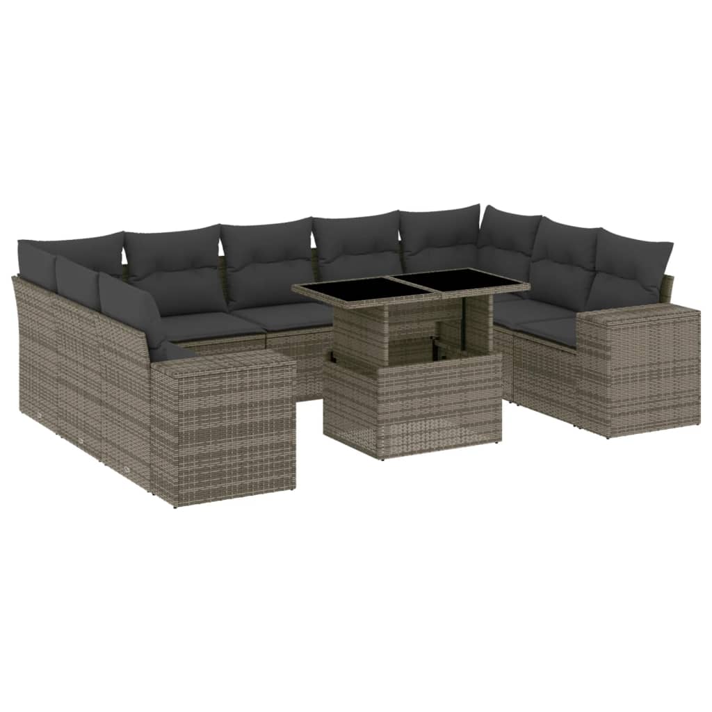 Set Divano da Giardino 10 pz con Cuscini Grigio in Polyrattan