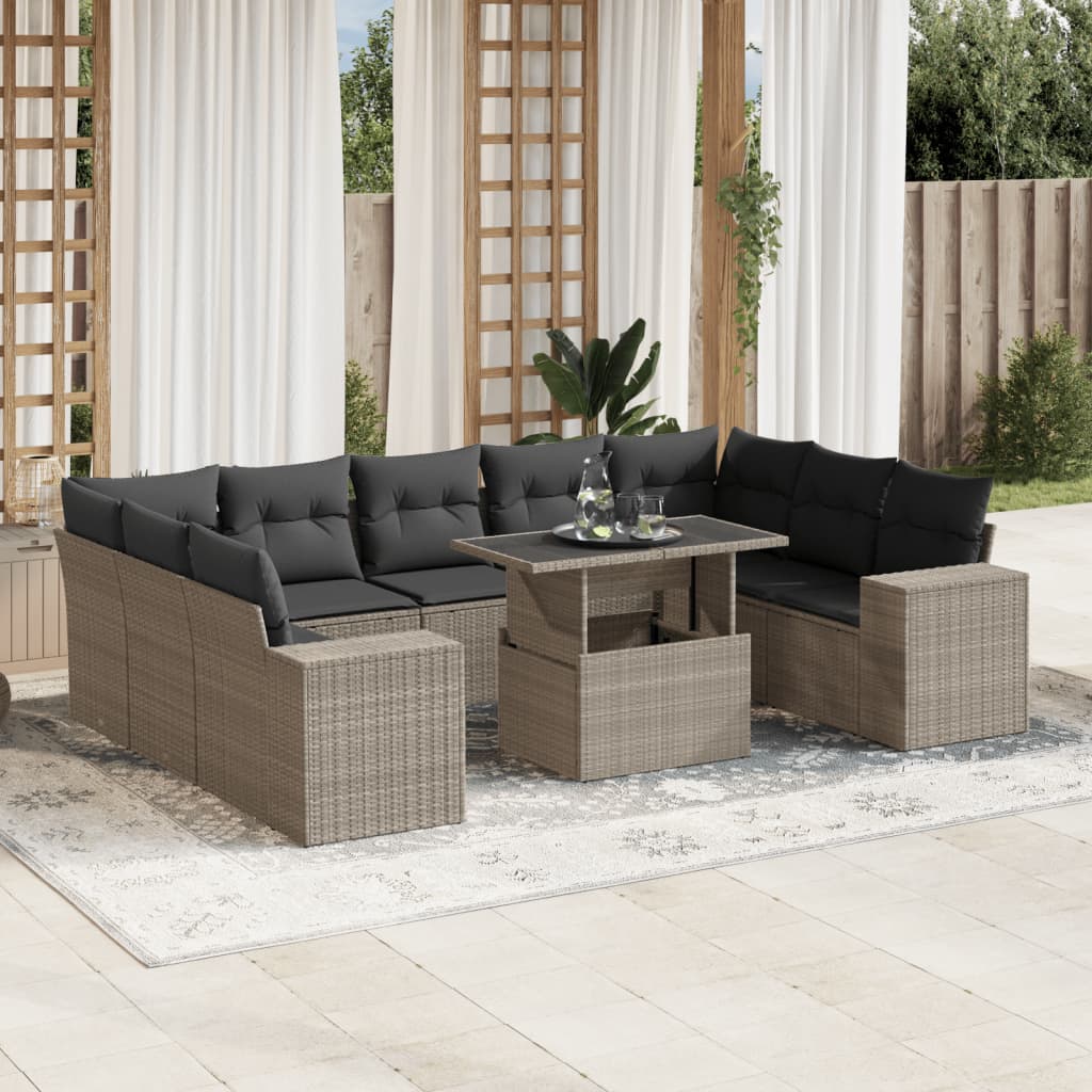 Set Divano Giardino 10 pz con Cuscini Grigio Chiaro Polyrattan - homemem39