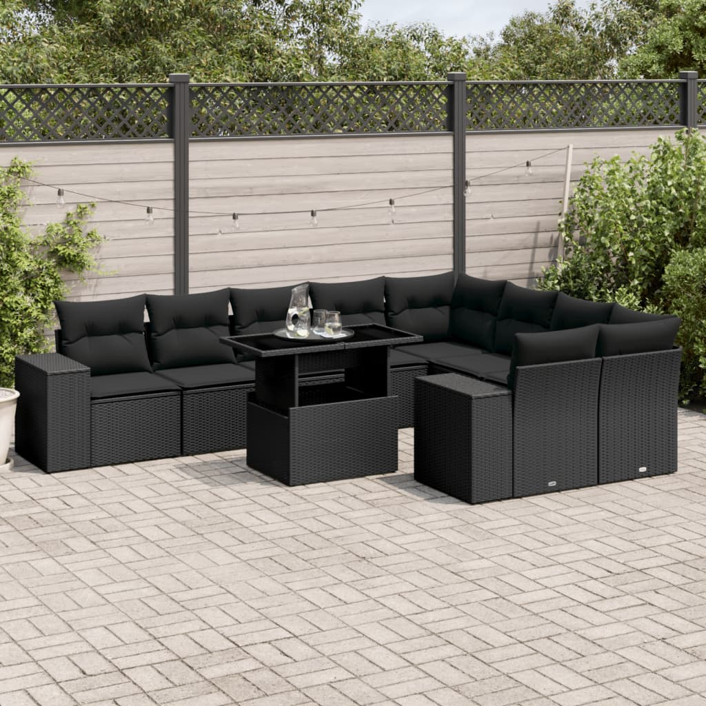 Set Divani da Giardino 10pz con Cuscini in Polyrattan Nero - homemem39