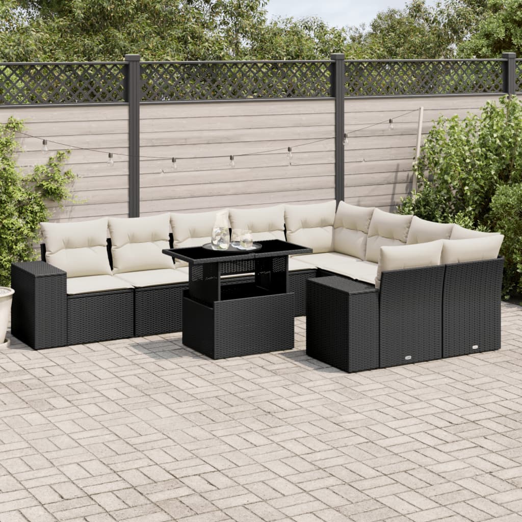 Set Divani da Giardino 10pz con Cuscini in Polyrattan Nero | homemem39