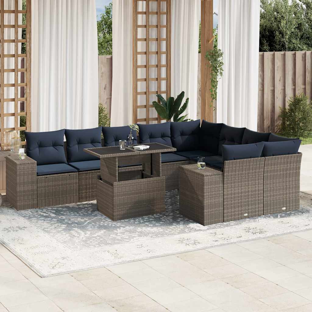 Set Divani da Giardino 10 pz con Cuscini Grigio in Polyrattan | homemem39