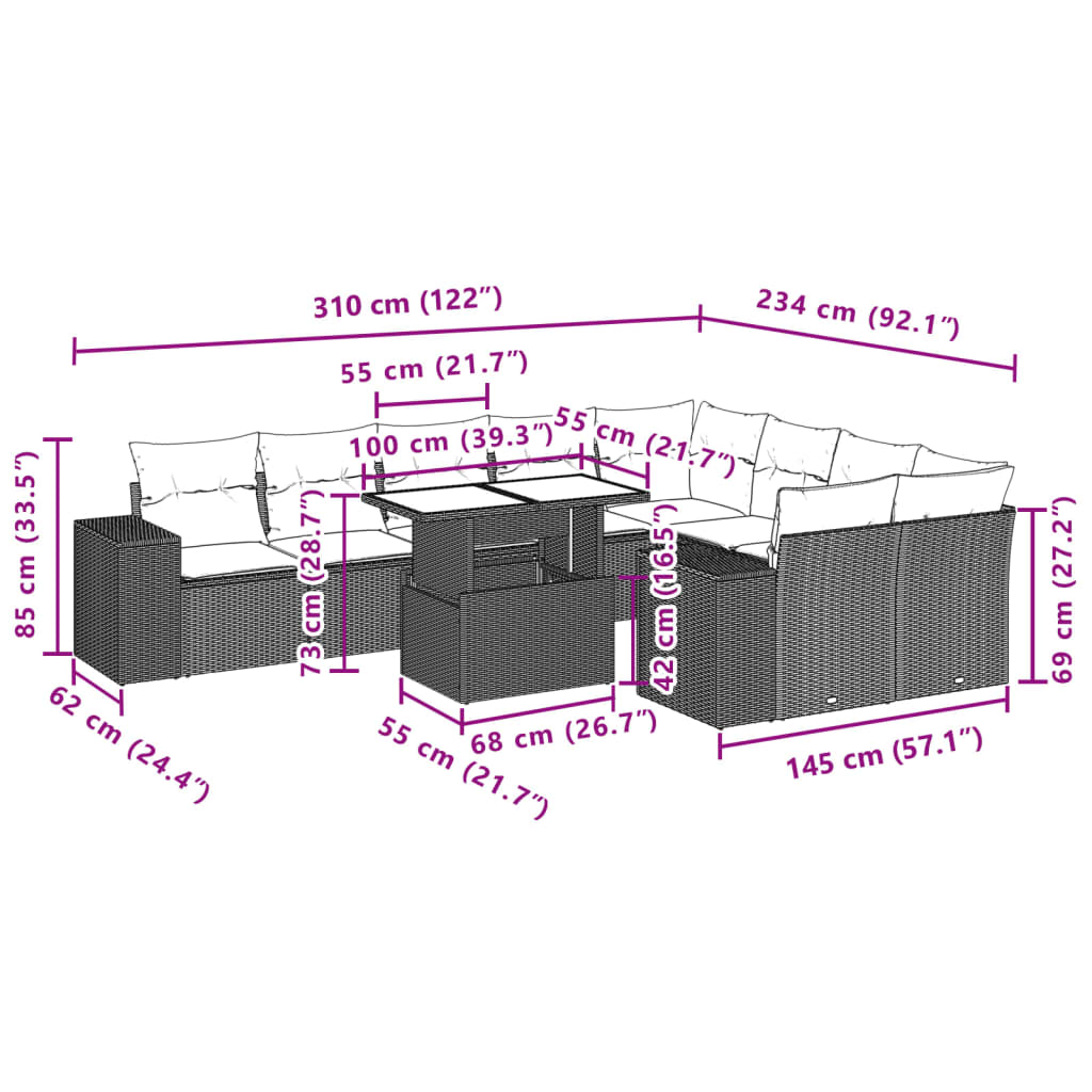 Set Divano Giardino 10 pz con Cuscini Grigio Chiaro Polyrattan | homemem39