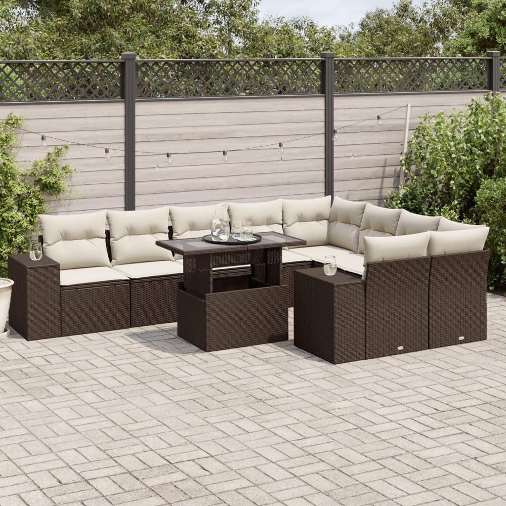 Set Divani da Giardino 10pz con Cuscini in Polyrattan Marrone - homemem39