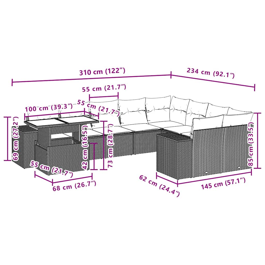 Set Divani da Giardino 10pz con Cuscini in Polyrattan Nero | homemem39