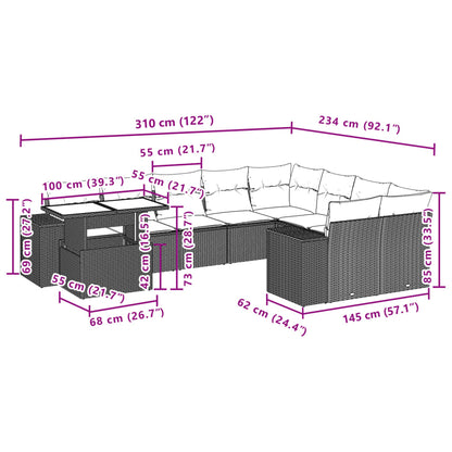 Set Divano da Giardino 10 pz con Cuscini Beige in Polyrattan