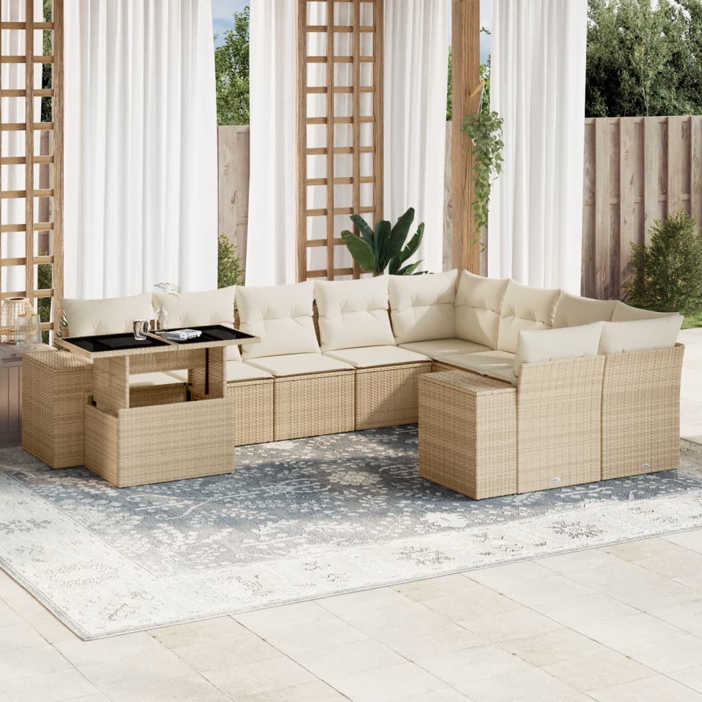 Set Divano da Giardino 10 pz con Cuscini Beige in Polyrattan - homemem39