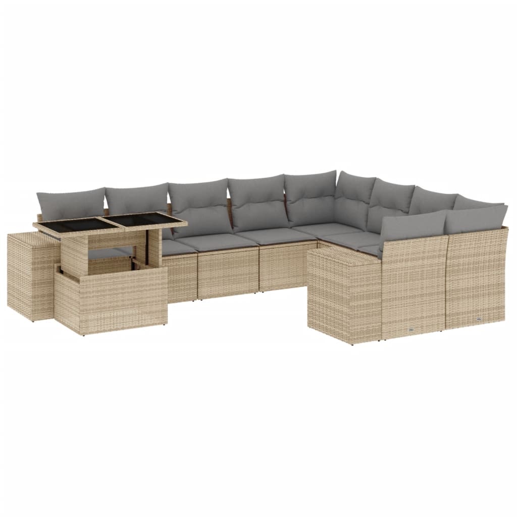 Set Divano da Giardino 10 pz con Cuscini Beige in Polyrattan