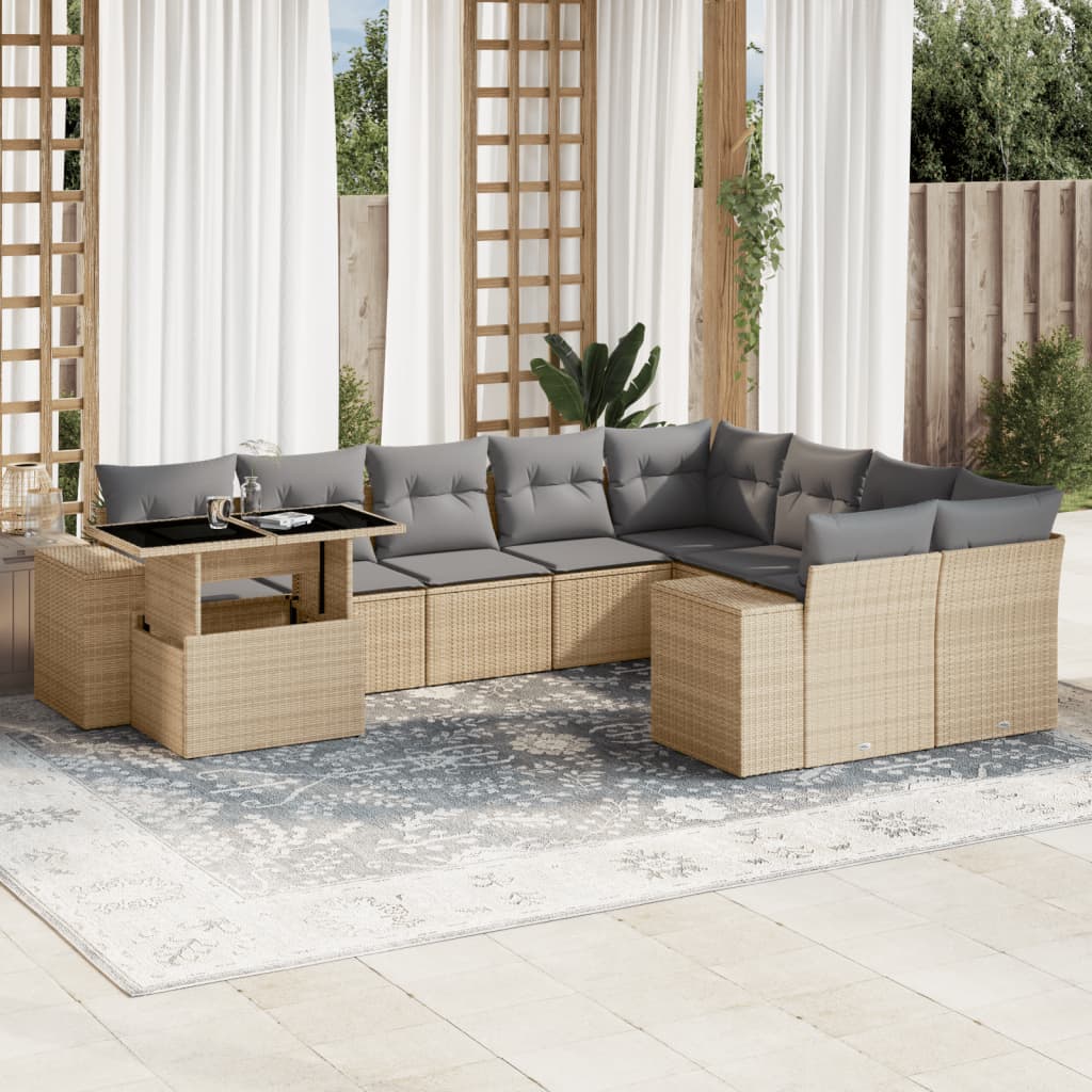 Set Divano da Giardino 10 pz con Cuscini Beige in Polyrattan