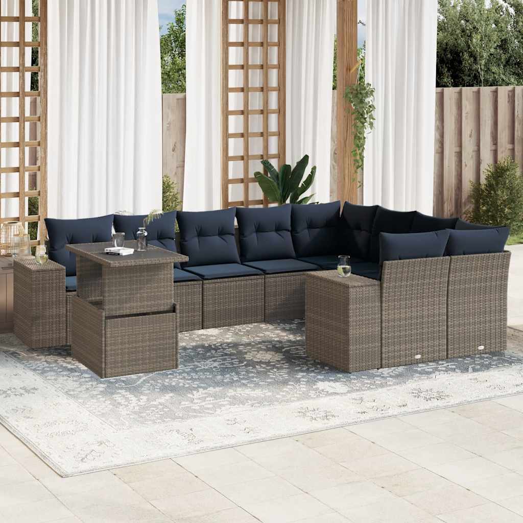 Set Divani da Giardino 10 pz con Cuscini Grigio in Polyrattan | homemem39