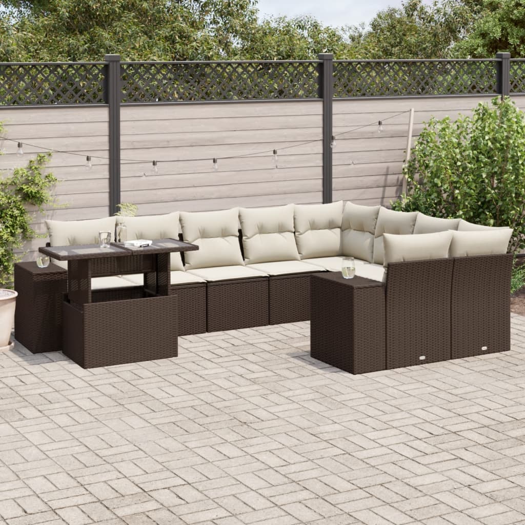Set Divani da Giardino 10pz con Cuscini in Polyrattan Marrone | homemem39