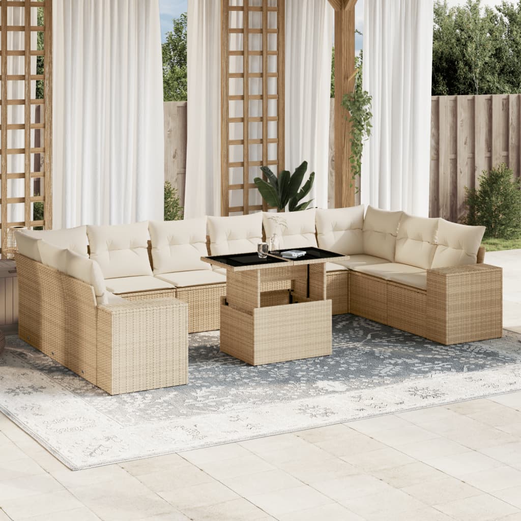 Set Divani da Giardino 11 pz con Cuscini Beige in Polyrattan - homemem39