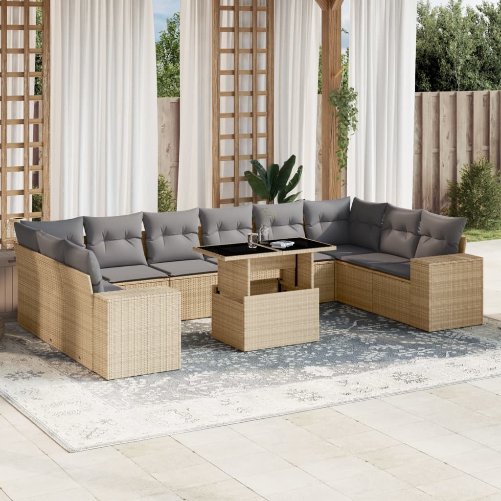 Set Divani da Giardino 11 pz con Cuscini Beige in Polyrattan - homemem39