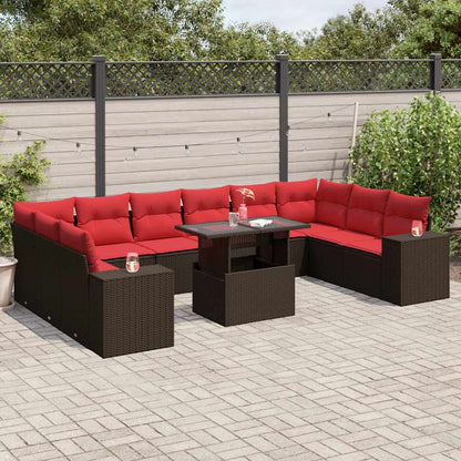 Set Divani da Giardino 11 pz con Cuscini Marrone in Polyrattan