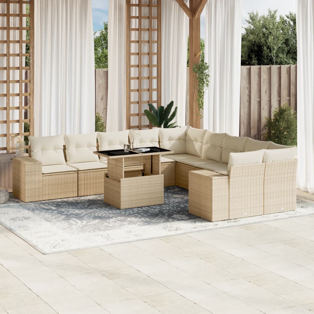 Set Divani da Giardino 11 pz con Cuscini Beige in Polyrattan - homemem39