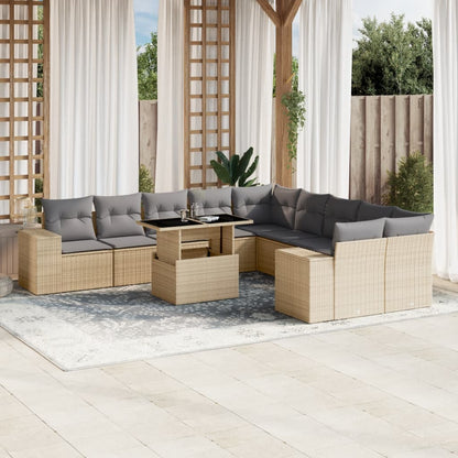 Set Divani da Giardino 11 pz con Cuscini Beige in Polyrattan