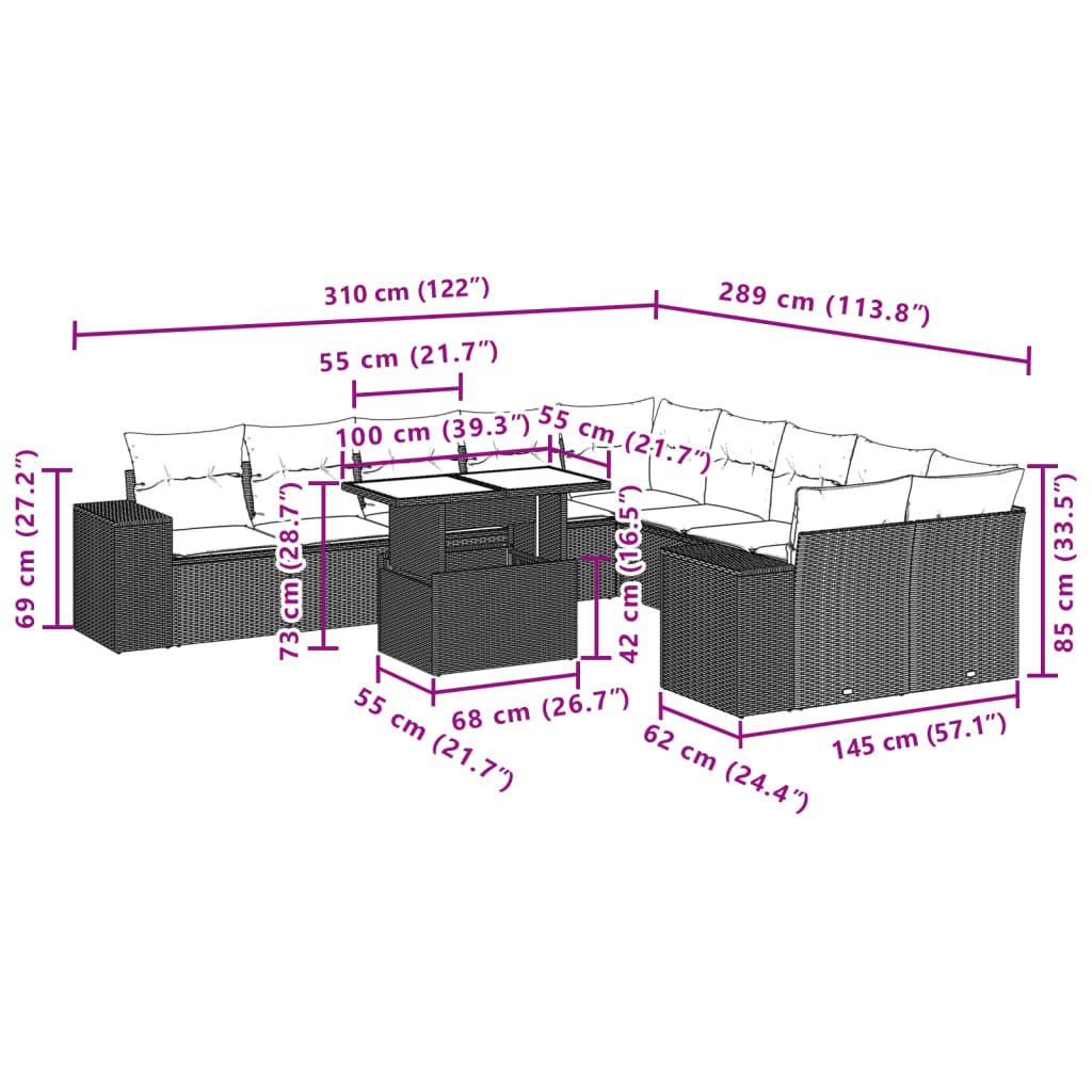 Set Divani da Giardino 11 pz con Cuscini in Polyrattan Grigio | homemem39