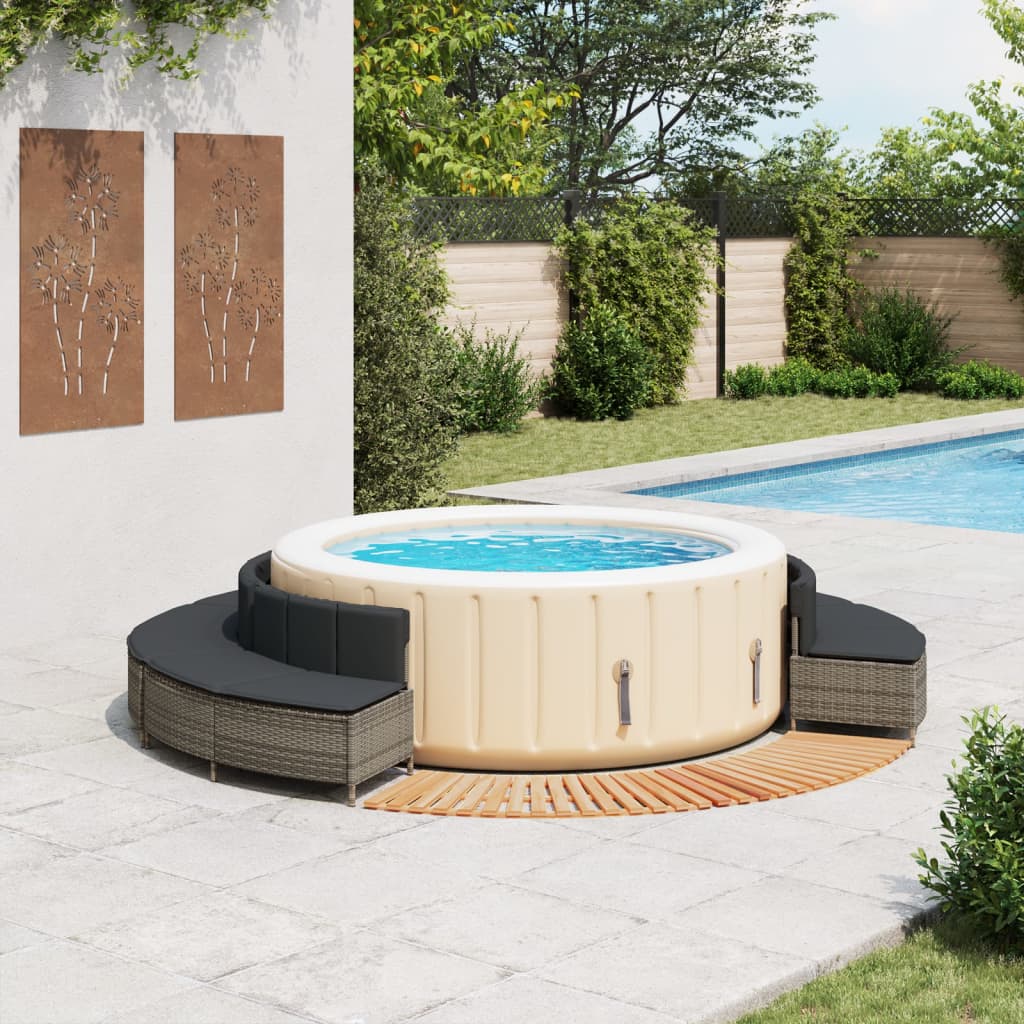 Bordo per Spa Grigio in Polyrattan e Legno Massello di Acacia