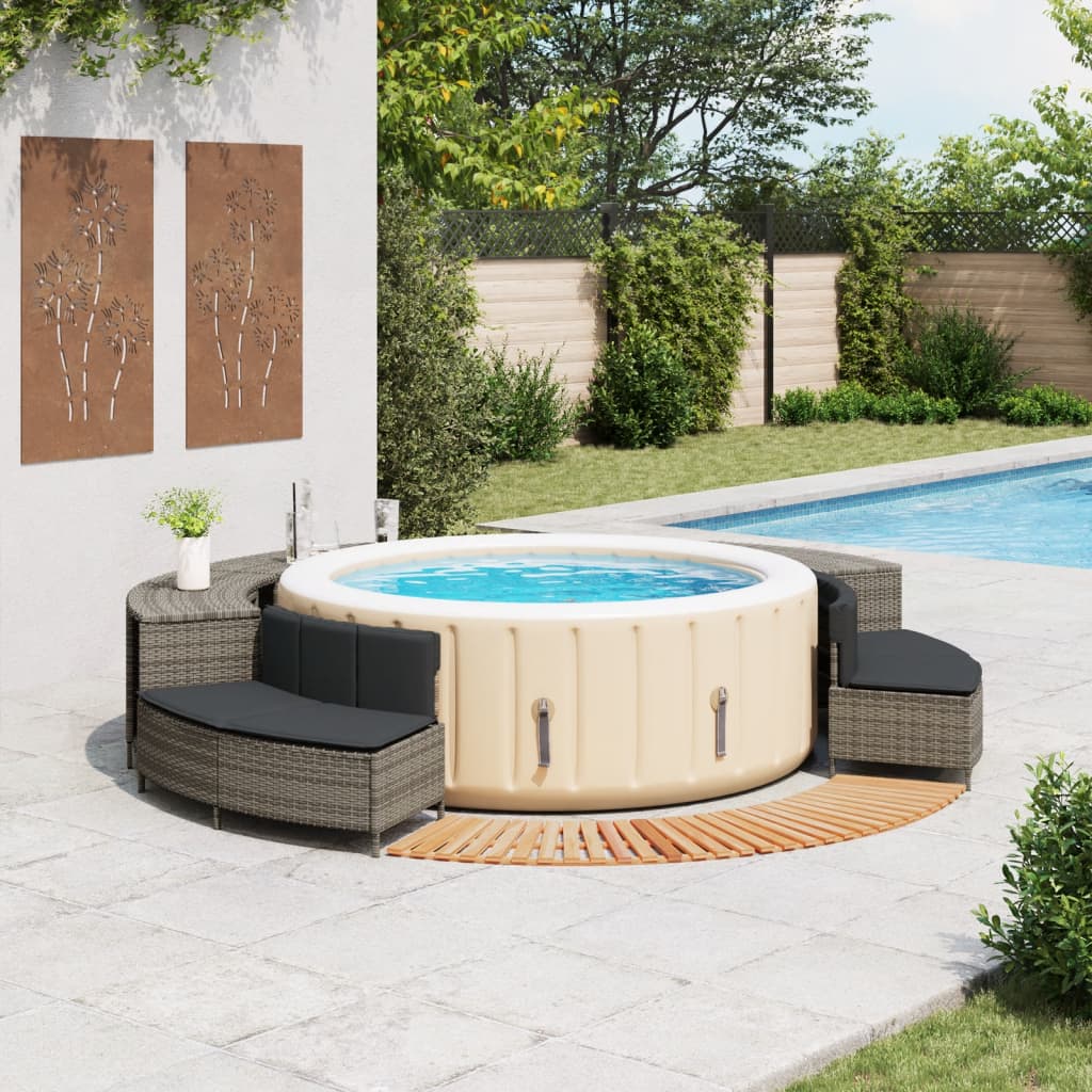 Bordo per Spa Grigio in Polyrattan e Legno Massello di Acacia