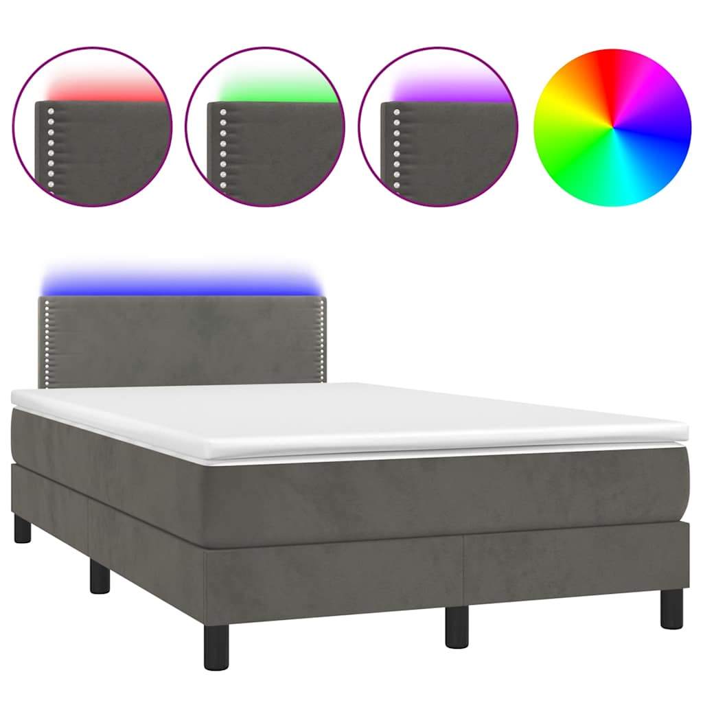 Letto a Molle con Materasso e LED Grigio Scuro 120x190cm in Velluto
