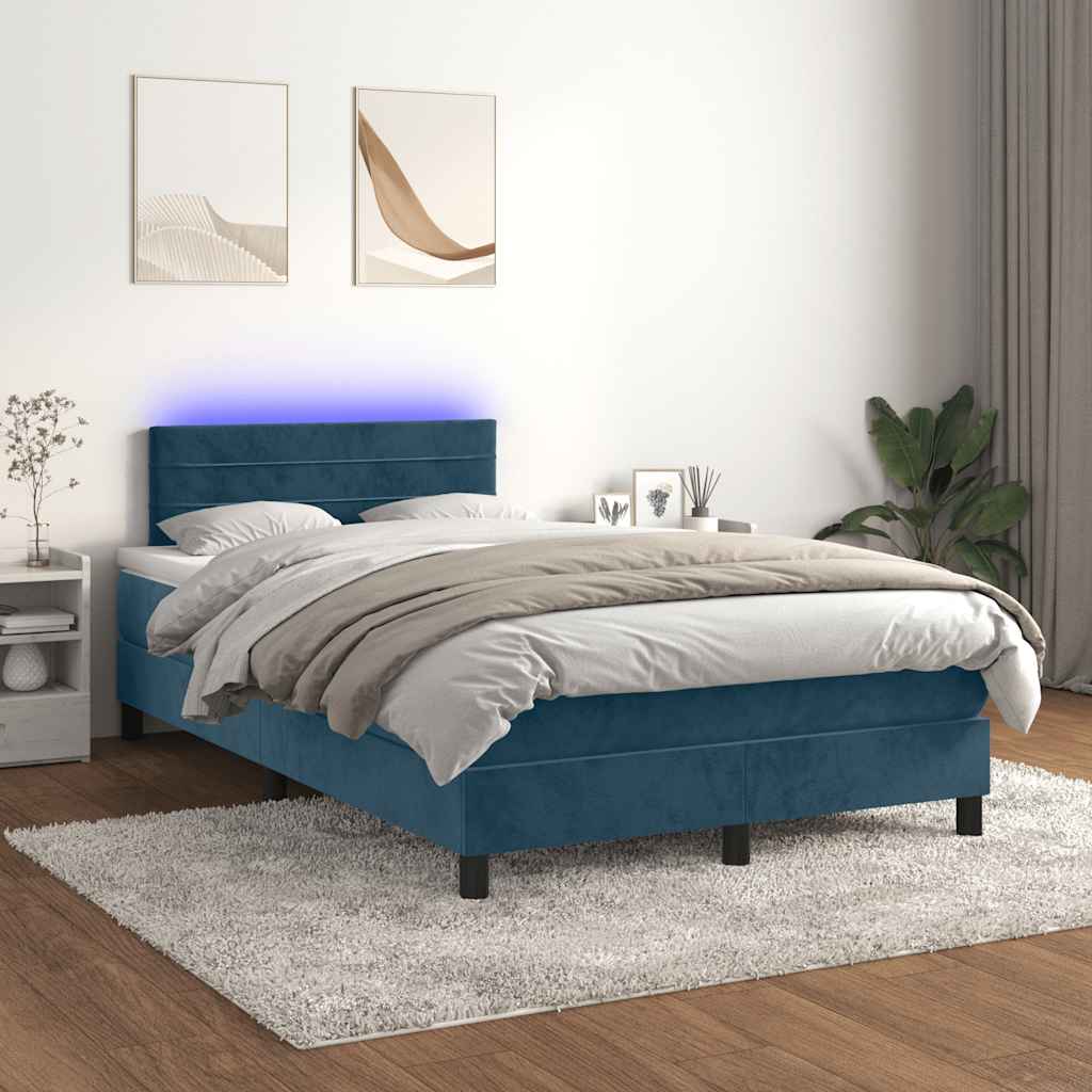 Letto a Molle con Materasso e LED Blu Scuro 120x190 cm Velluto