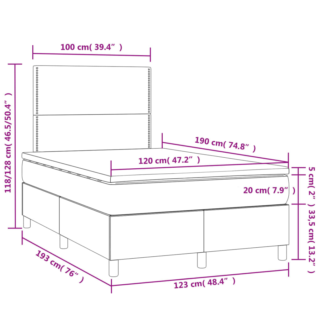 Letto a Molle con Materasso e LED Tortora 120x190 cm in Tessuto | homemem39