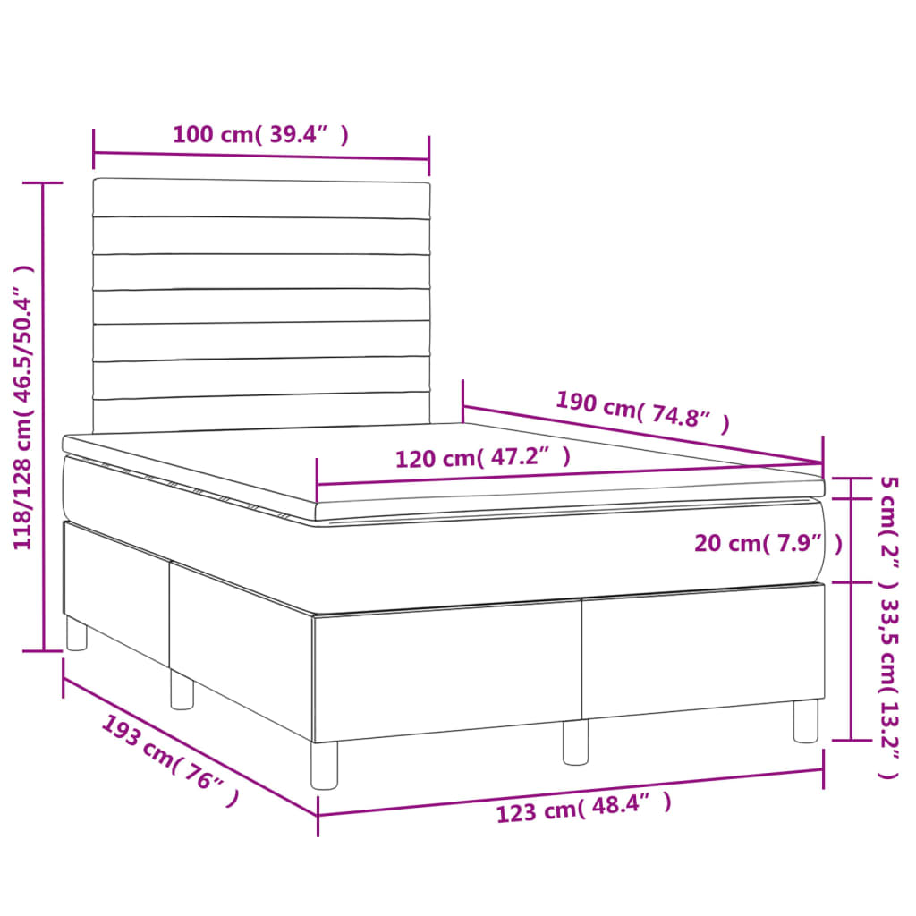 Letto a Molle con Materasso e LED Tortora 120x190 cm in Tessuto | homemem39