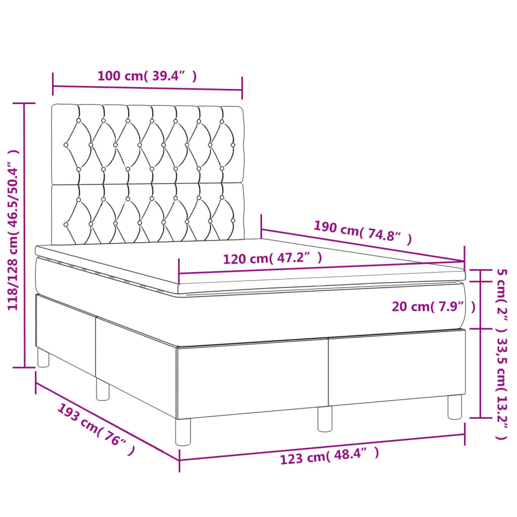 Letto a Molle con Materasso e LED Tortora 120x190 cm in Tessuto