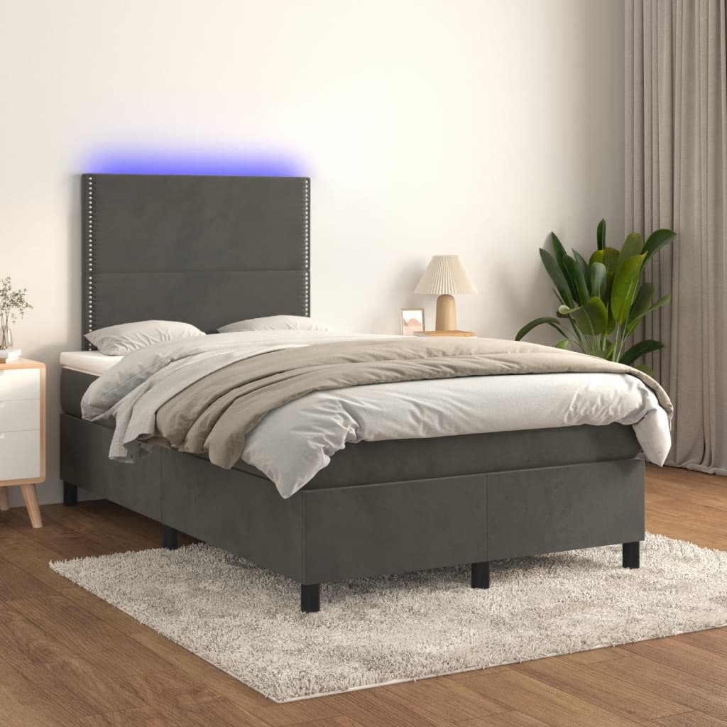 Letto a Molle Materasso e LED Grigio Scuro 120x190cm in Velluto | homemem39