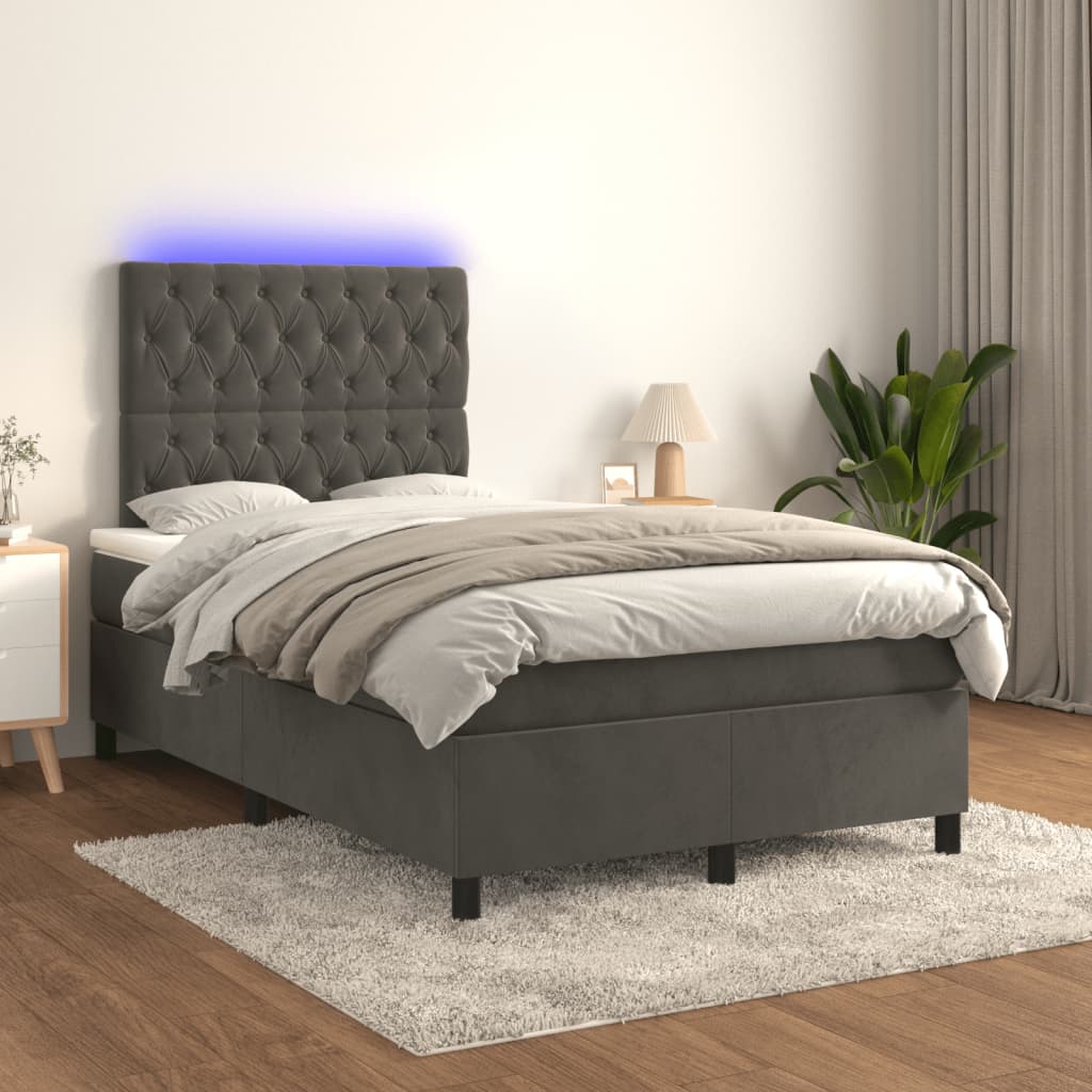 Letto a Molle Materasso e LED Grigio Scuro 120x190cm in Velluto | homemem39