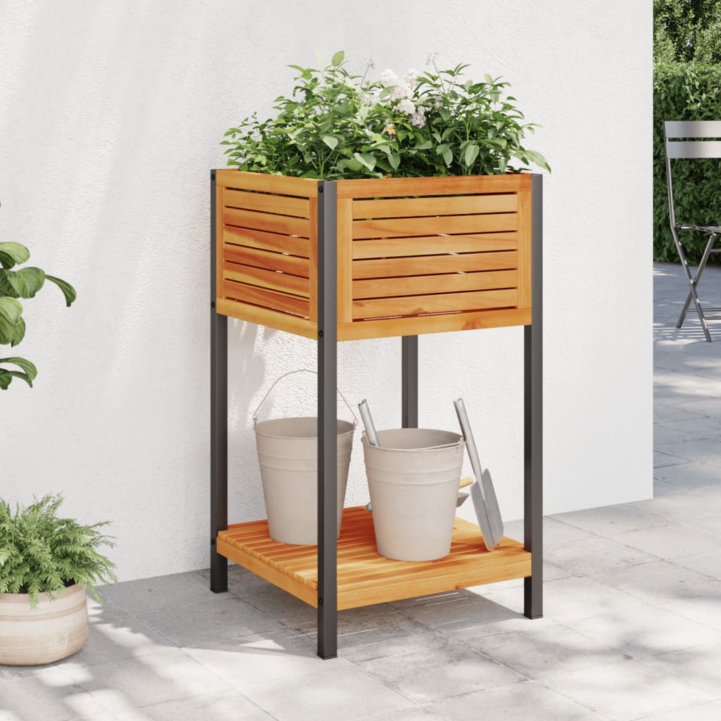 Planter with Shelf 45x45x80 cm in Acacia Wood and Steel