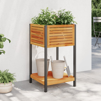 Planter with Shelf 45x45x80 cm in Acacia Wood and Steel