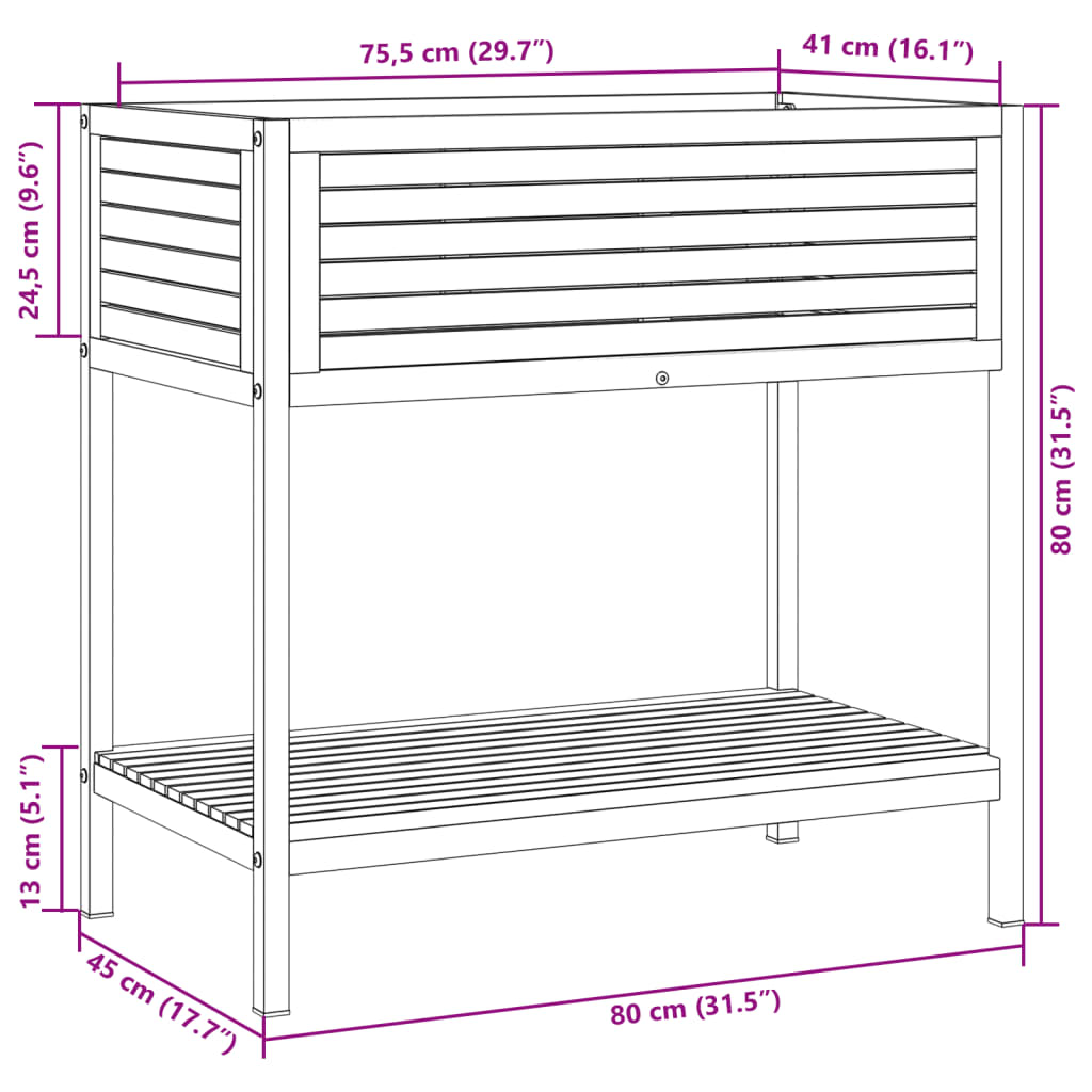 Planter with Shelf 80x45x80 cm in Acacia Wood and Steel