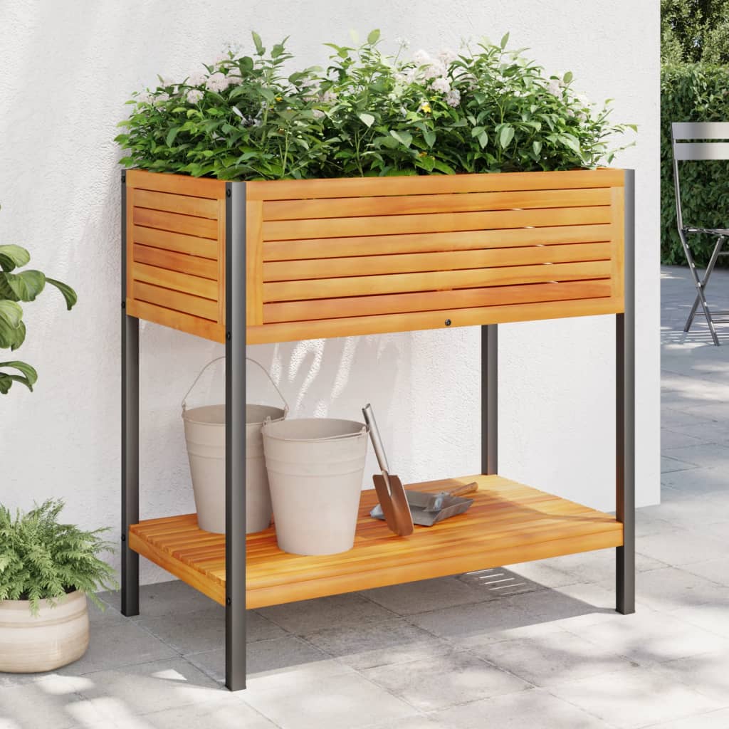 Planter with Shelf 80x45x80 cm in Acacia Wood and Steel