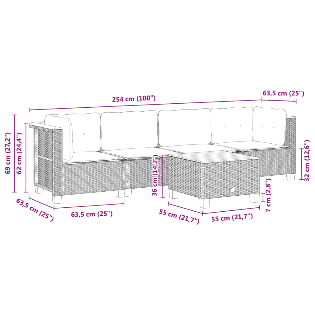 Set Divani da Giardino 5 pz con Cuscini in Polyrattan Nero | homemem39
