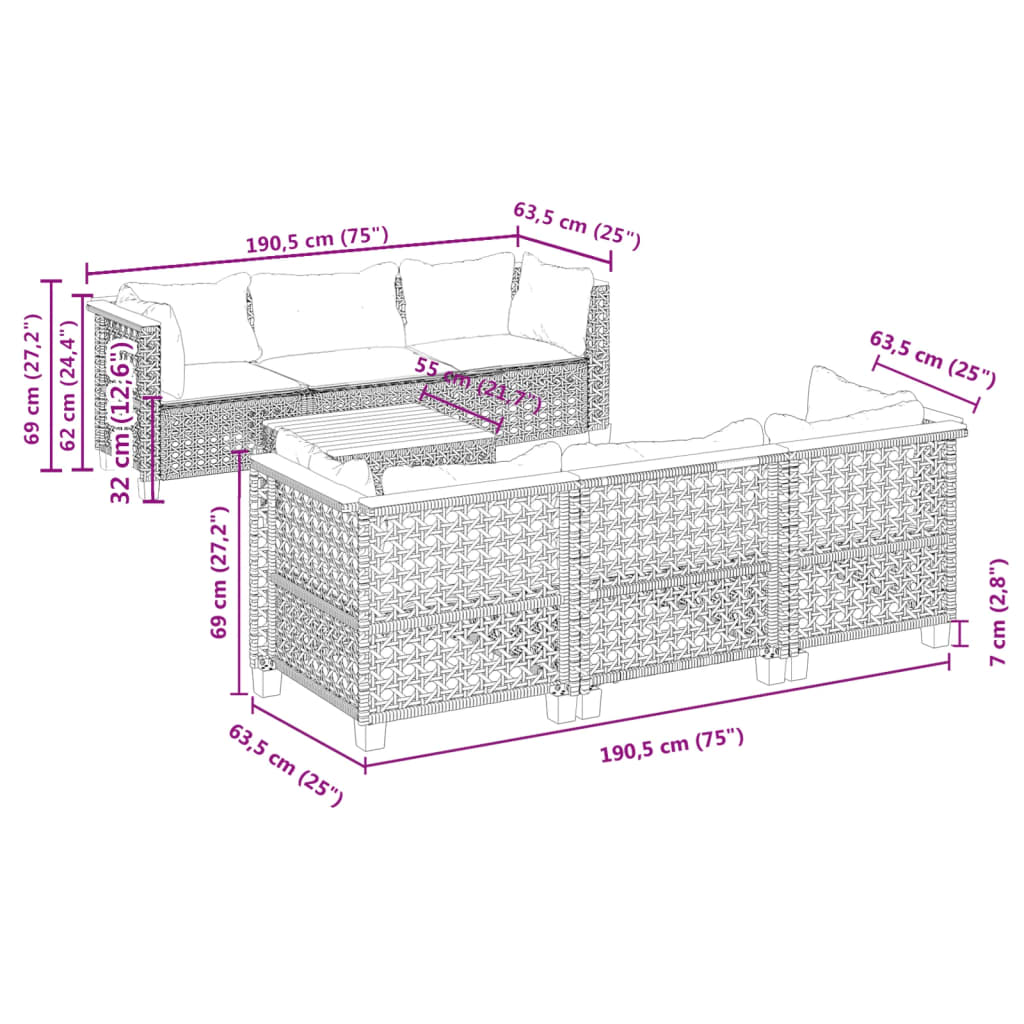 Set Divani da Giardino 7 pz con Cuscini Grigio in Polyrattan | homemem39
