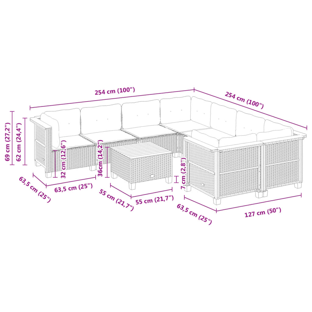 Set Divani da Giardino 9 pz con Cuscini Nero in Polyrattan | homemem39