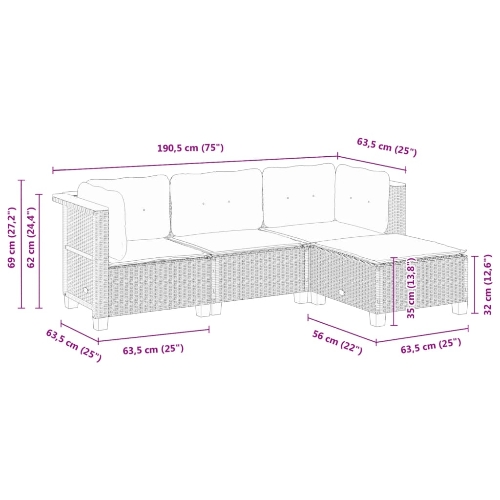 Set Divani da Giardino 4 pz con Cuscini Nero in Polyrattan | homemem39