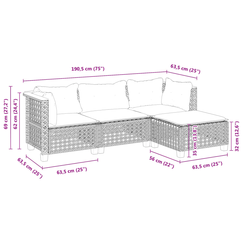 Set Divani da Giardino 4 pz con Cuscini in Polyrattan Grigio | homemem39