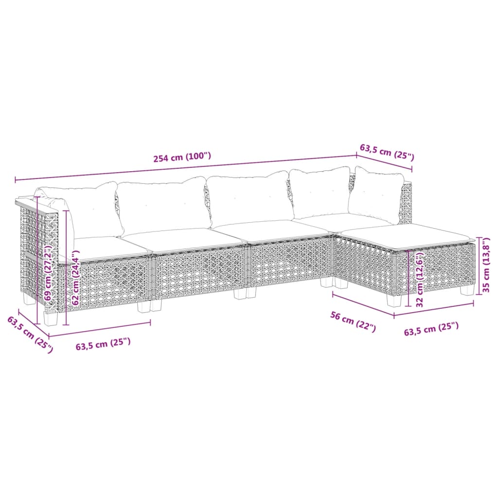 Set Divano da Giardino 5 pz con Cuscini Grigio in Polyrattan | homemem39