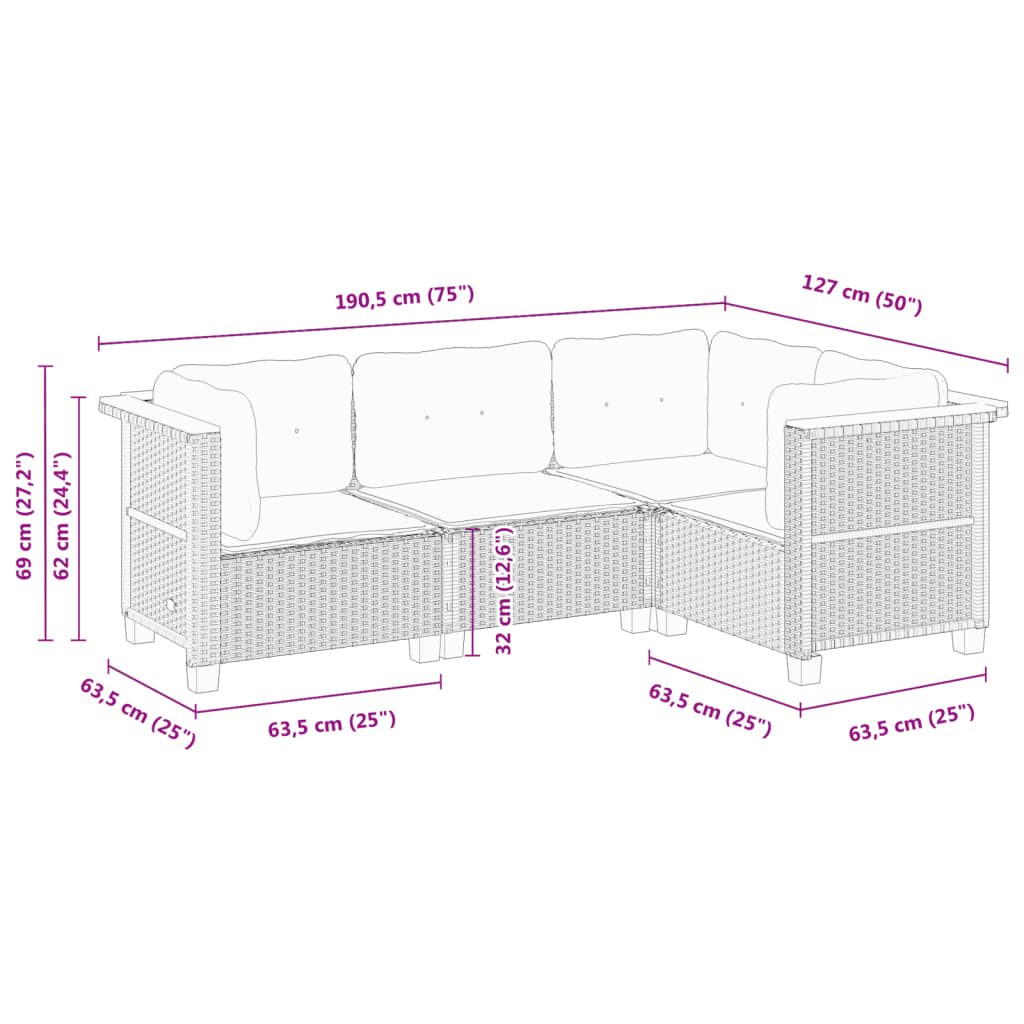 Set Divani da Giardino 4 pz con Cuscini Nero in Polyrattan | homemem39