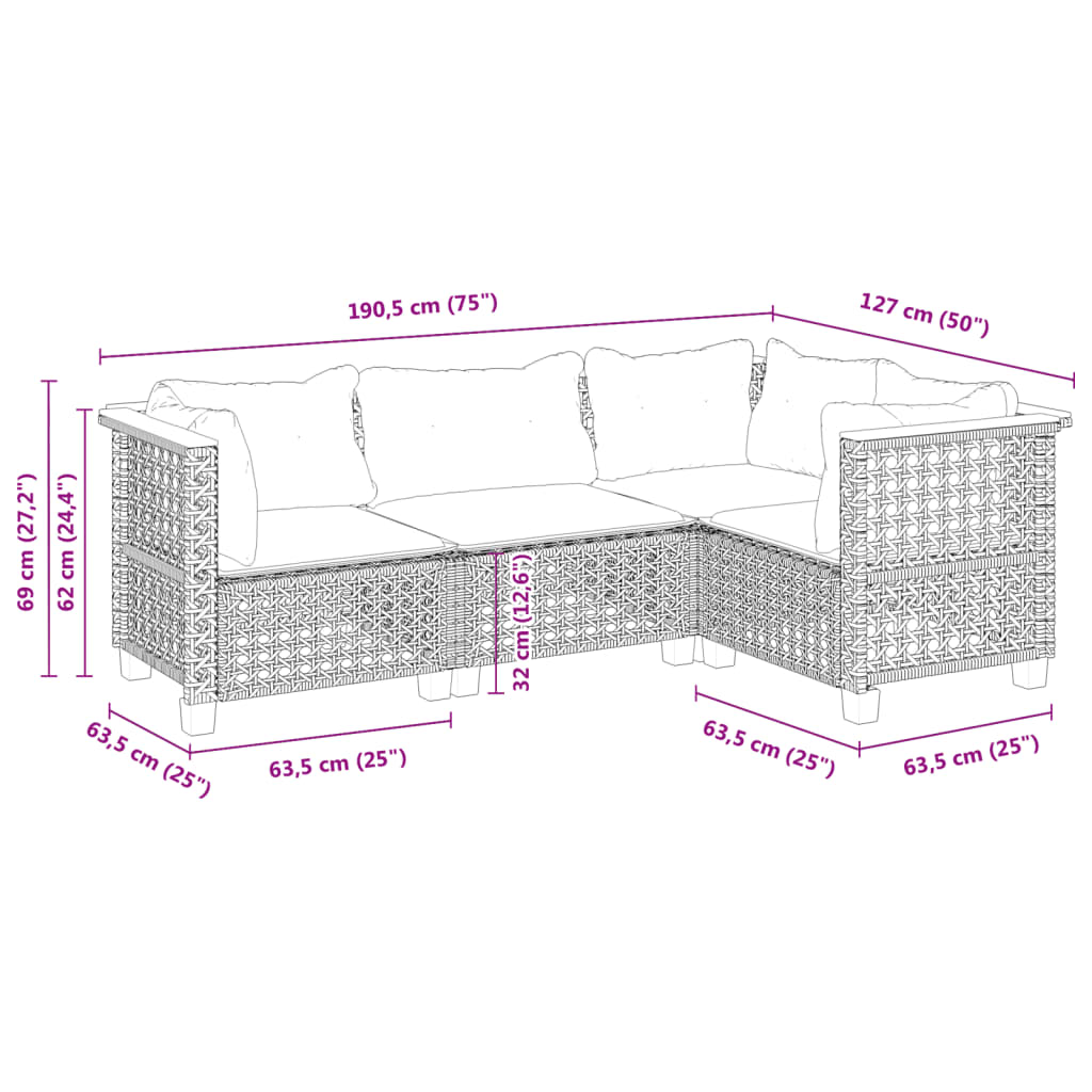Set Divani da Giardino 4 pz con Cuscini Nero in Polyrattan | homemem39