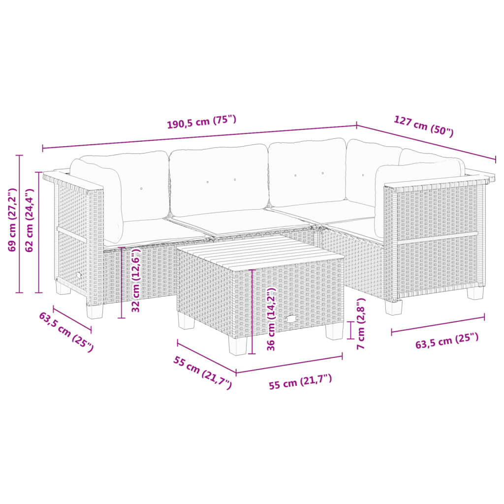 Set Divani da Giardino 5 pz con Cuscini in Polyrattan Nero - homemem39