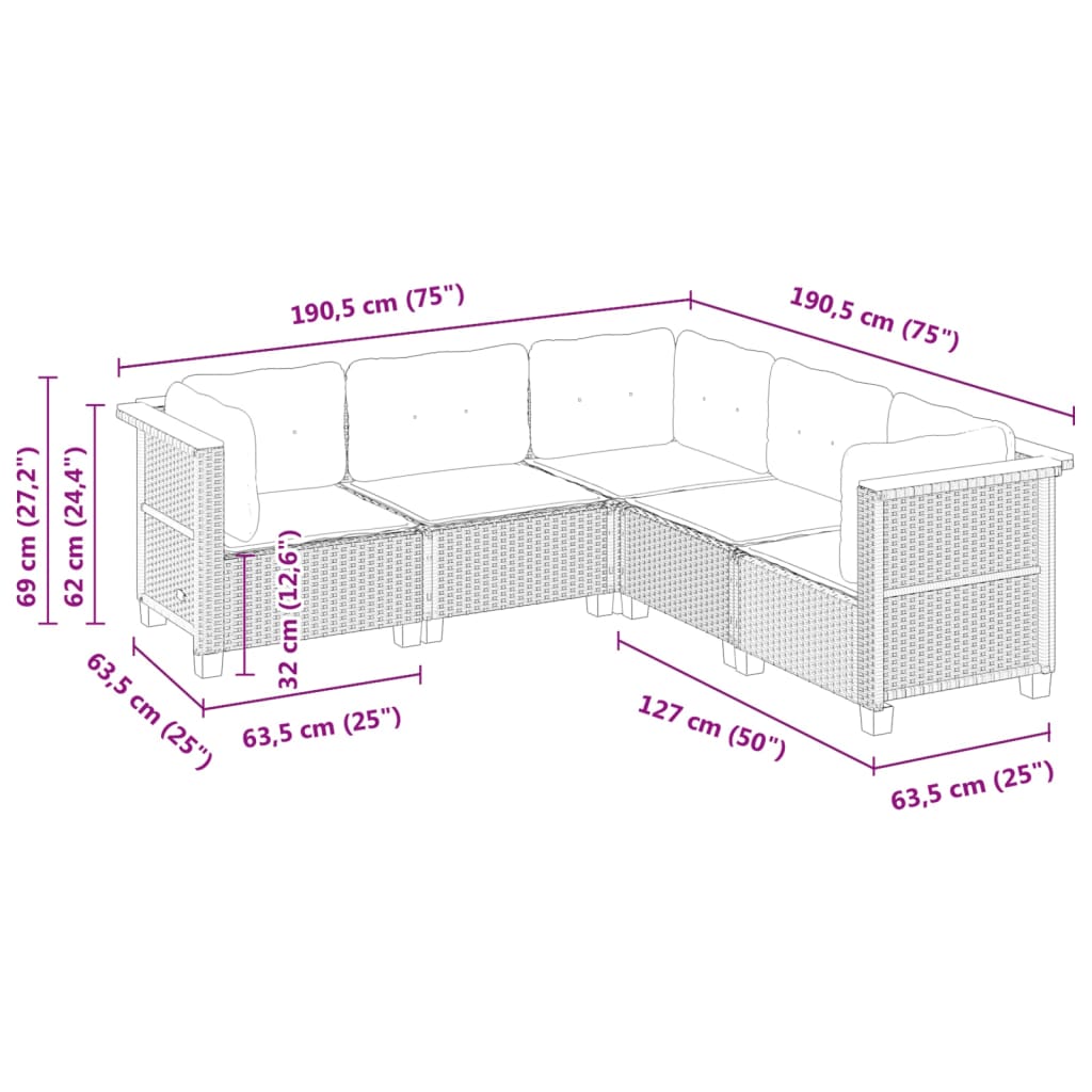 Set Divano da Giardino 5 pz con Cuscini Grigio in Polyrattan - homemem39