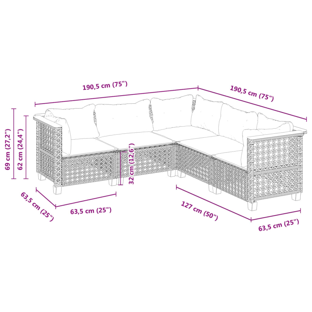 Set Divano da Giardino 5 pz con Cuscini Grigio in Polyrattan