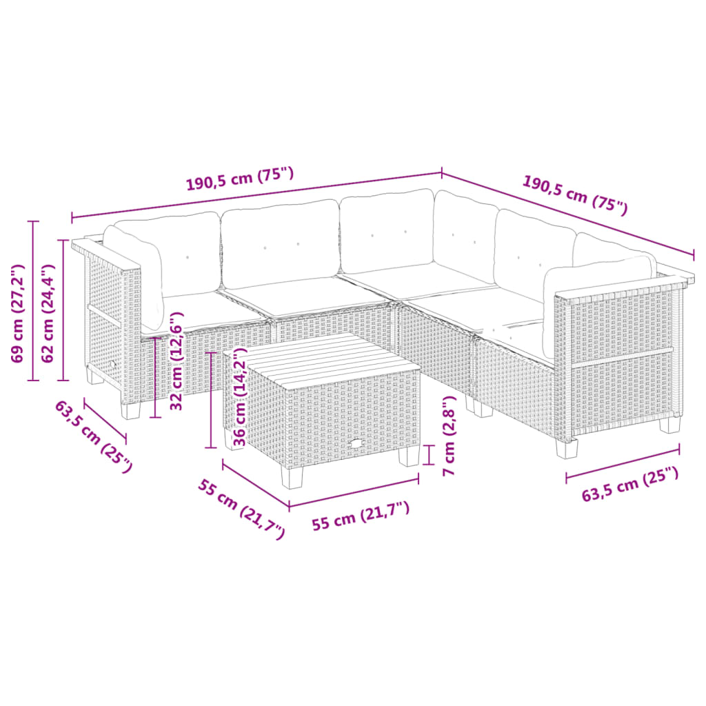 Set Divano da Giardino 6 pz con Cuscini Nero in Polyrattan
