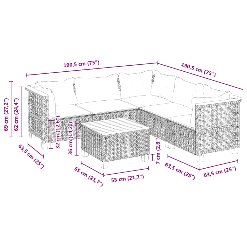Set Divano da Giardino 6 pz con Cuscini Grigio in Polyrattan | homemem39