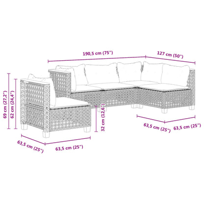 Set Divano da Giardino 5 pz con Cuscini Grigio in Polyrattan