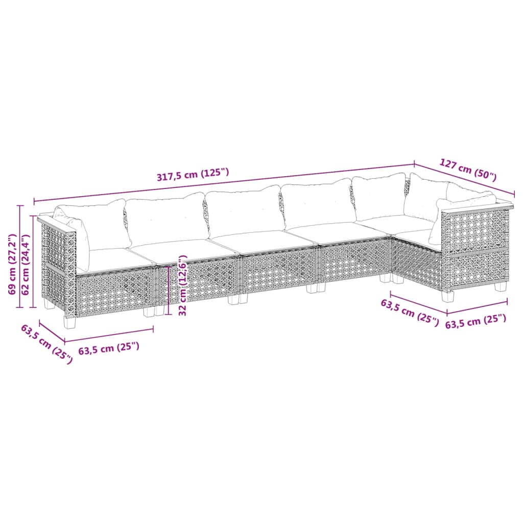 Set Divano da Giardino 6 pz con Cuscini Nero in Polyrattan | homemem39