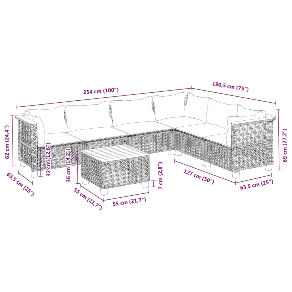 Set Divani da Giardino 7 pz con Cuscini Grigio in Polyrattan | homemem39