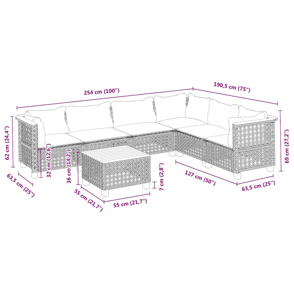 Set Divani da Giardino 7 pz con Cuscini Beige in Polyrattan | homemem39